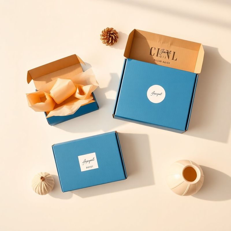 Flat-lay of sealed and open ink-blue matte corrugated boxes with warm-white tissue paper