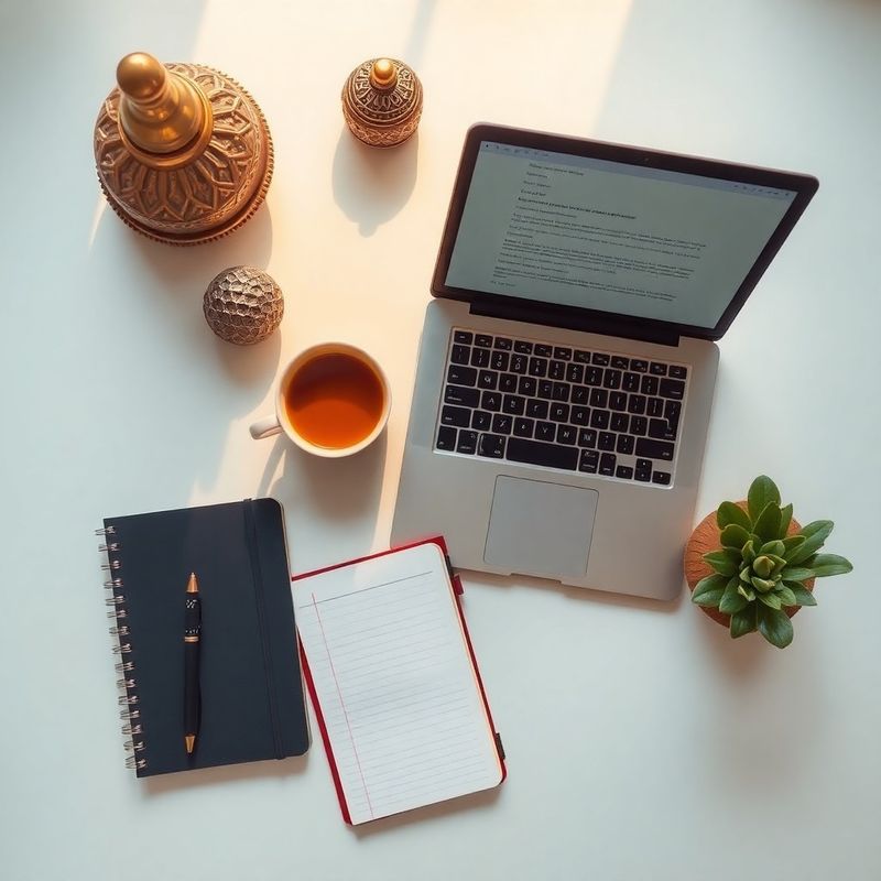 Overhead shot of an ink-blue desk with a notebook, a ceramic cup of chai, and an open laptop