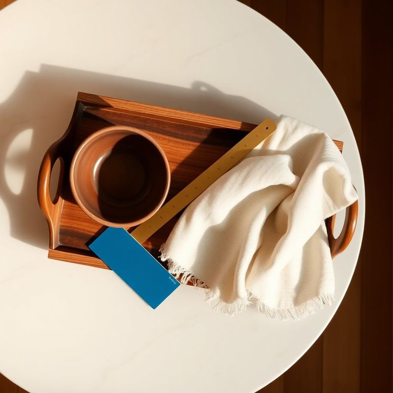 Overhead view of a wooden tray holding a ceramic bowl, brass ruler, and folded cotton cloth