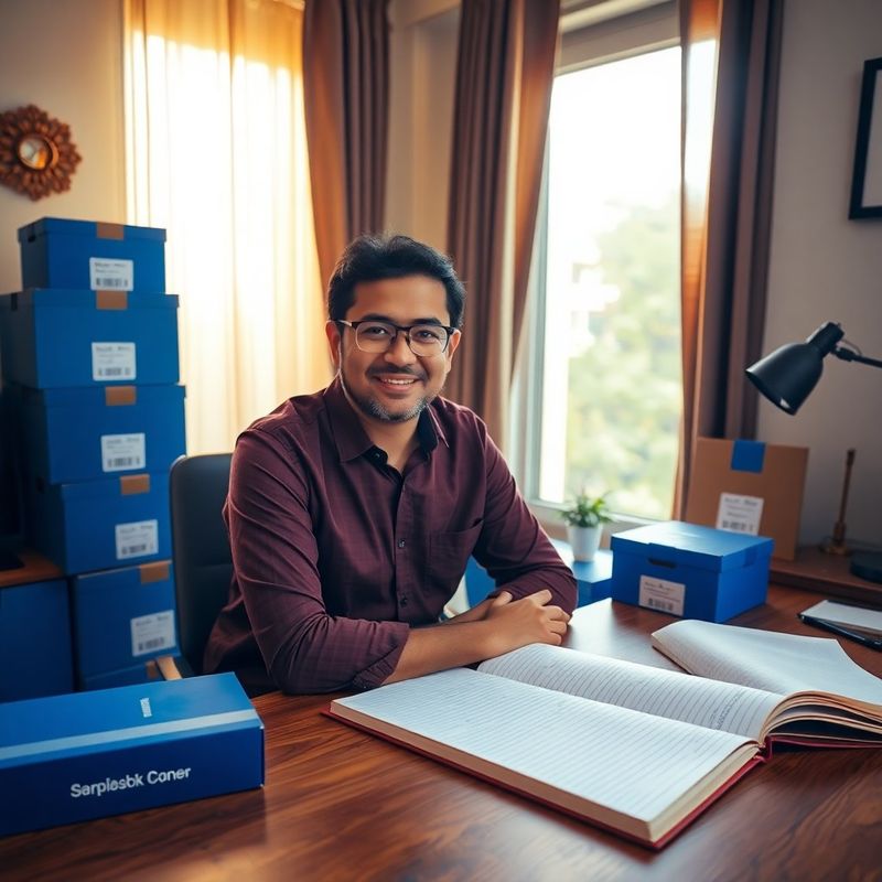 Founder at a wooden desk in a Pune apartment surrounded by product samples and a ruled notebook