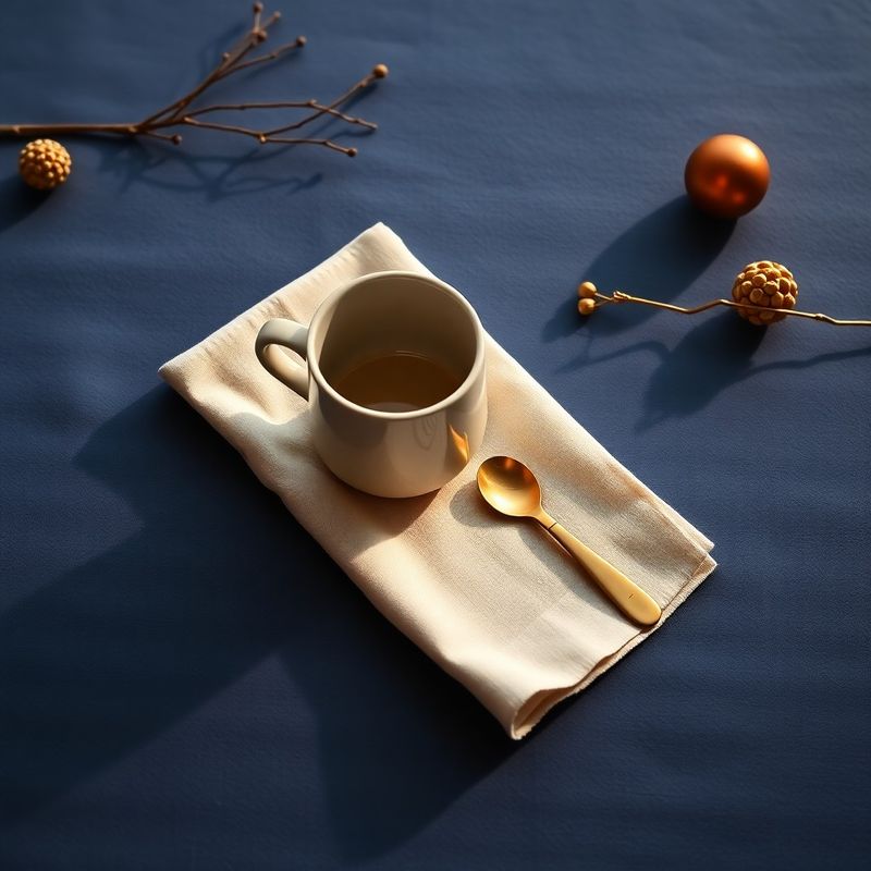 Flat-lay of a ceramic mug, linen napkin, and brass spoon on ink-blue linen