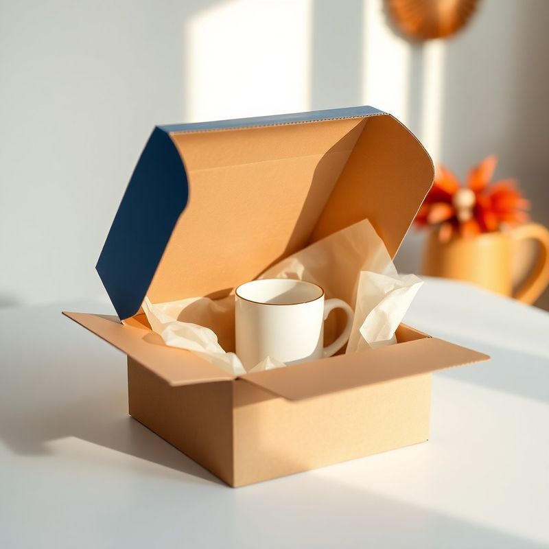 Open ink-blue corrugated shipping box revealing warm-white tissue paper wrapped around a ceramic mug