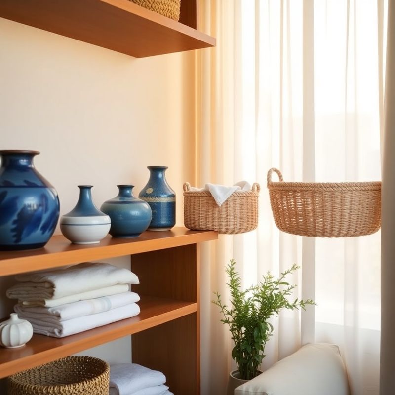 Styled shelf in a Pune apartment with ink-blue ceramic vessels, woven baskets, and folded linen